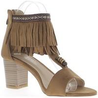 Chaussmoi Camel sandals at big heel of 7cm aspect suede with fringes women\'s Sandals in brown