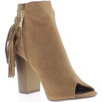 chaussmoi camel boots open fringed thick 9cm suede look heel womens lo ...