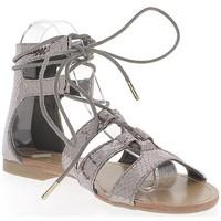 Chaussmoi Grey silver Spartan Sandals aspect croco painted with 5 thin fla women\'s Sandals in grey