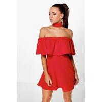 Choker Off Shoulder Skater Dress - red