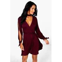 Choker Wrap Dress with Split Sleeve - wine