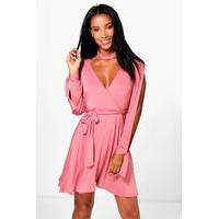 Choker Wrap Dress with Split Sleeve - antique rose