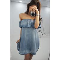 Chess bardot denim frill dress