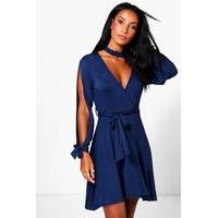 Choker Wrap Dress with Split Sleeve - midnight