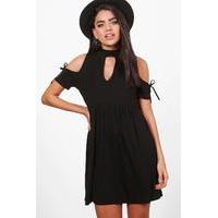 Choker Cold Shoulder Smock Dress - black