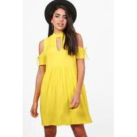 Choker Cold Shoulder Smock Dress - yellow