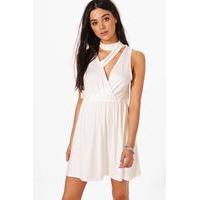 Choker Detail Plung Skater Dress - white