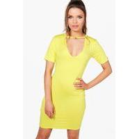 Choker Triangle Ring Detail Bodycon Dress - lemon