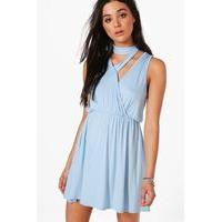 Choker Detail Plung Skater Dress - bluebell