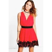 Chiffon Wrap Crochet Hem Skater Dress - red