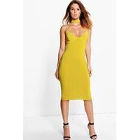 Choker Plunge Neck Midi Dress - chartreuse