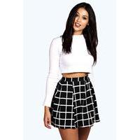 Check Textured Box Pleat Skater Skirt - black