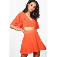 chiffon frill sleeve top skirt co ord orange