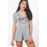 chocker detail rock print playsuit grey