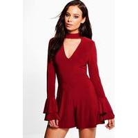 Choker Plunge Flare Sleeve Playsuit - berry