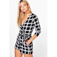Checked Wrap Over Belted Playsuit - black
