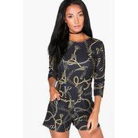 Chain Print 3/4 Sleeve Playsuit - black