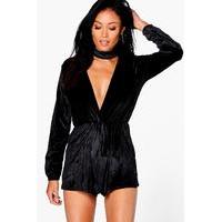 Choker Style Crushed Velvet Playsuit - black