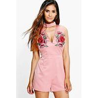 Choker Plunge Floral Embroidery Playsuit - antique rose