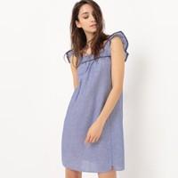 Chambray Dress with Short Ruffled Sleeves