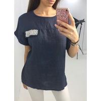 Chester Navy linen crushed crystal oversized tee