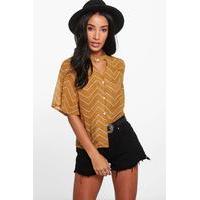 Chevron Print Choker Short Sleeved Shirt - ochre