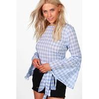 check tie front flare sleeve top blue