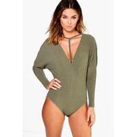 Choker Strap Detail Soft Rib Knit Bodysuit - khaki