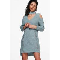 Choker Distressed Cold Shoulder Jumper Dress - blue