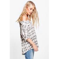 checked open shoulder shirt white