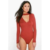 Choker Neck Strap V Plunge Long Sleeve Body - rust