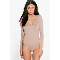 Choker Neck Strap V Plunge Long Sleeve Body - stone