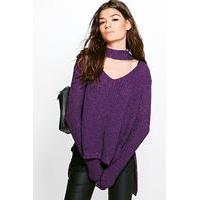 Choker V Neck Oversized Jumper - black plum