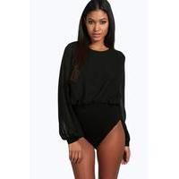 chiffon long sleeve bodysuit black