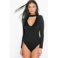 Choker Neck Strap V Plunge Long Sleeve Body - black