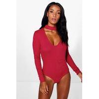 Choker Rib Knit Bodysuit - ruby