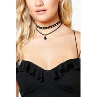 Choker And Tear Drop Layered Necklace - black