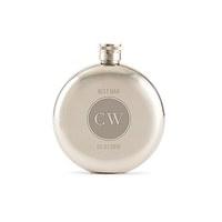 Circle Monogram Etched Round Silver Hip Flask