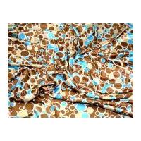 Circles Print Poly Sateen Dress Fabric Brown, Aqua & Cream