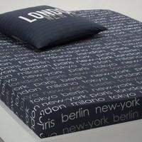 CITY Dark Blue Printed Cotton Fitted Sheet