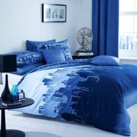 city scape blue navy urban reversible king size duvet quilt cover bedd ...