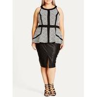 City Chic Monochrome Geometric Print Peplum Dress, Black