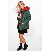 ciara contrast faux fur parka coat red