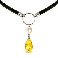 Citrine and Pearl Leather Pendant Necklace 7.5ctw in 9ct White Gold