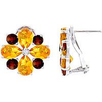 Citrine and Garnet Sunflower Stud French Clip Earrings 4.85ctw in 9ct White Gold