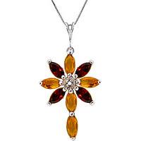 Citrine, Diamond and Garnet Flower Cross Pendant Necklace 1.98ctw in 9ct White Gold