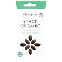 clearspring snack organic tamari roasted pumpkin seeds 30g green