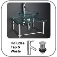 Clear Glass 42cm Padova Circular Sink with 60cm x 50cm Glass Shelf and Brackets Set