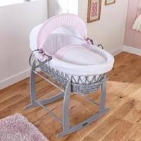 Clair de Lune Stars and Stripes Grey Wicker Moses Basket Pink