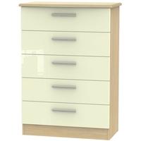 Clearance Knightsbridge High Gloss Cream and Oak Chest of Drawer - 5 Drawer - G384